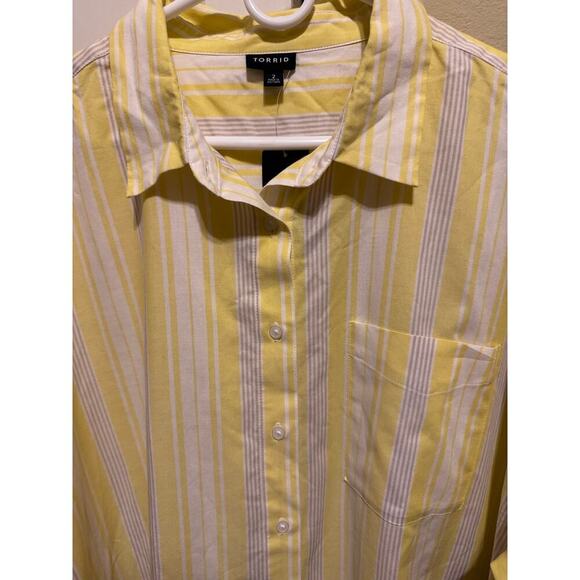 Torrid Drop Shoulder Button Down Long Sleeve Yellow White Women's Plus Sz 2 2X - Picture 5 of 12